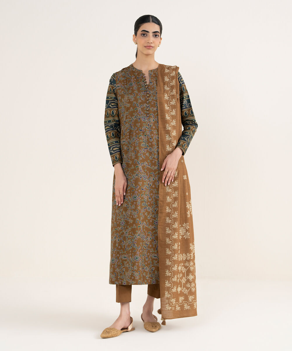 Women's Unstitched Printed Dobby Rust and Magenta 3 Piece Suit