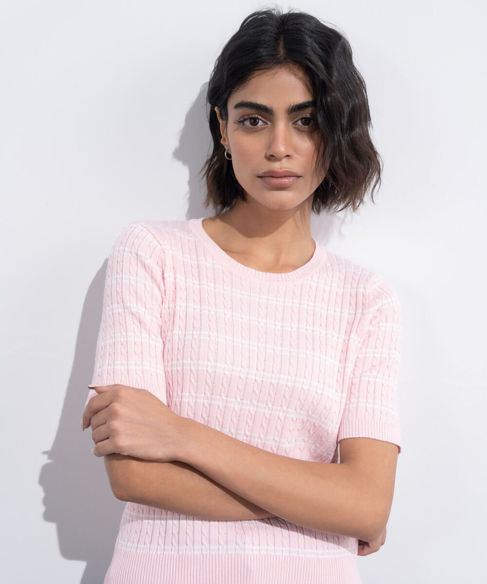 Women's Western Wear Pink Short Sleeve Striped Sweater