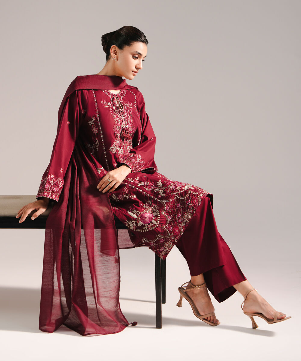 Women's RTW Lawn Embroidered Deep Maroon 3 Piece Suit
