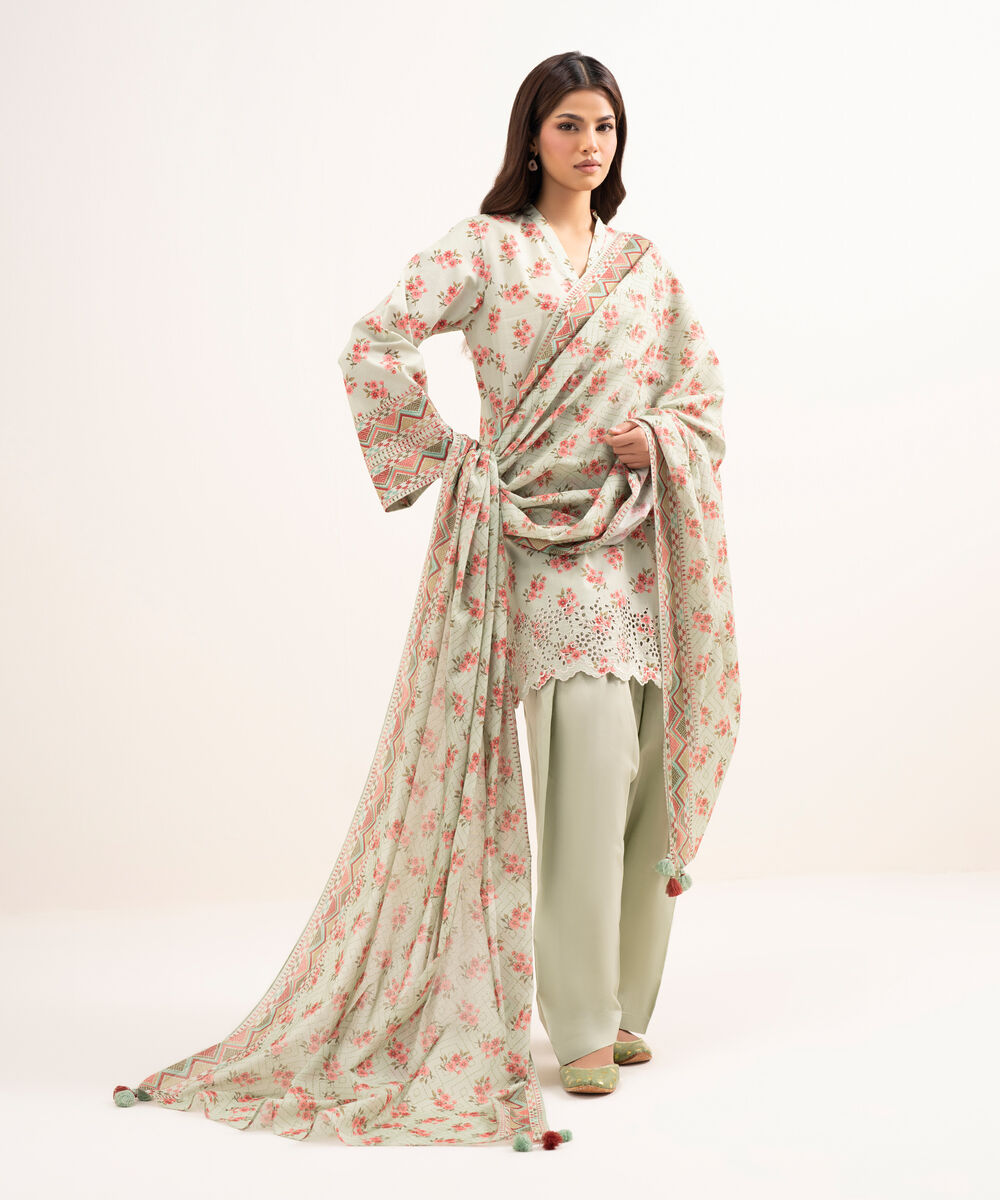 Women's Unstitched Lawn Embroidered Green 3 Piece Suit