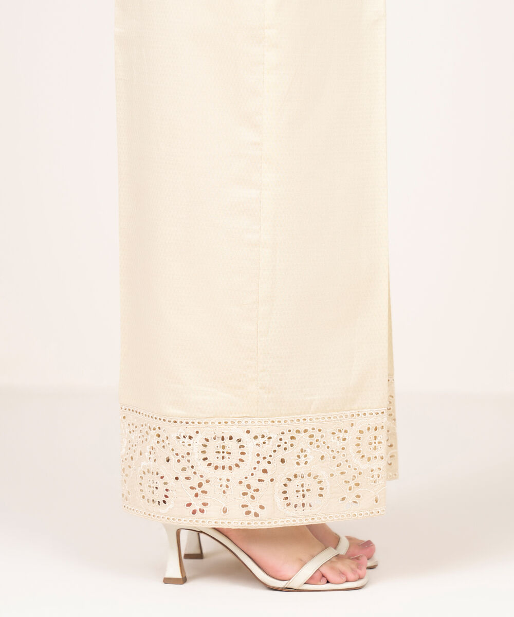 Women's RTW Textured Cotton Embroidered Beige Culottes