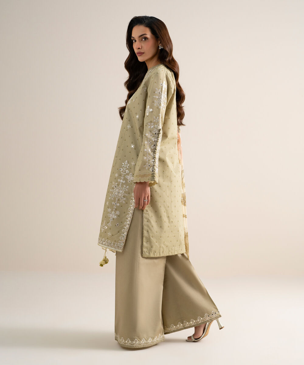 Women's Unstitched Zari Lawn Embroidered Beige 3 Piece Suit