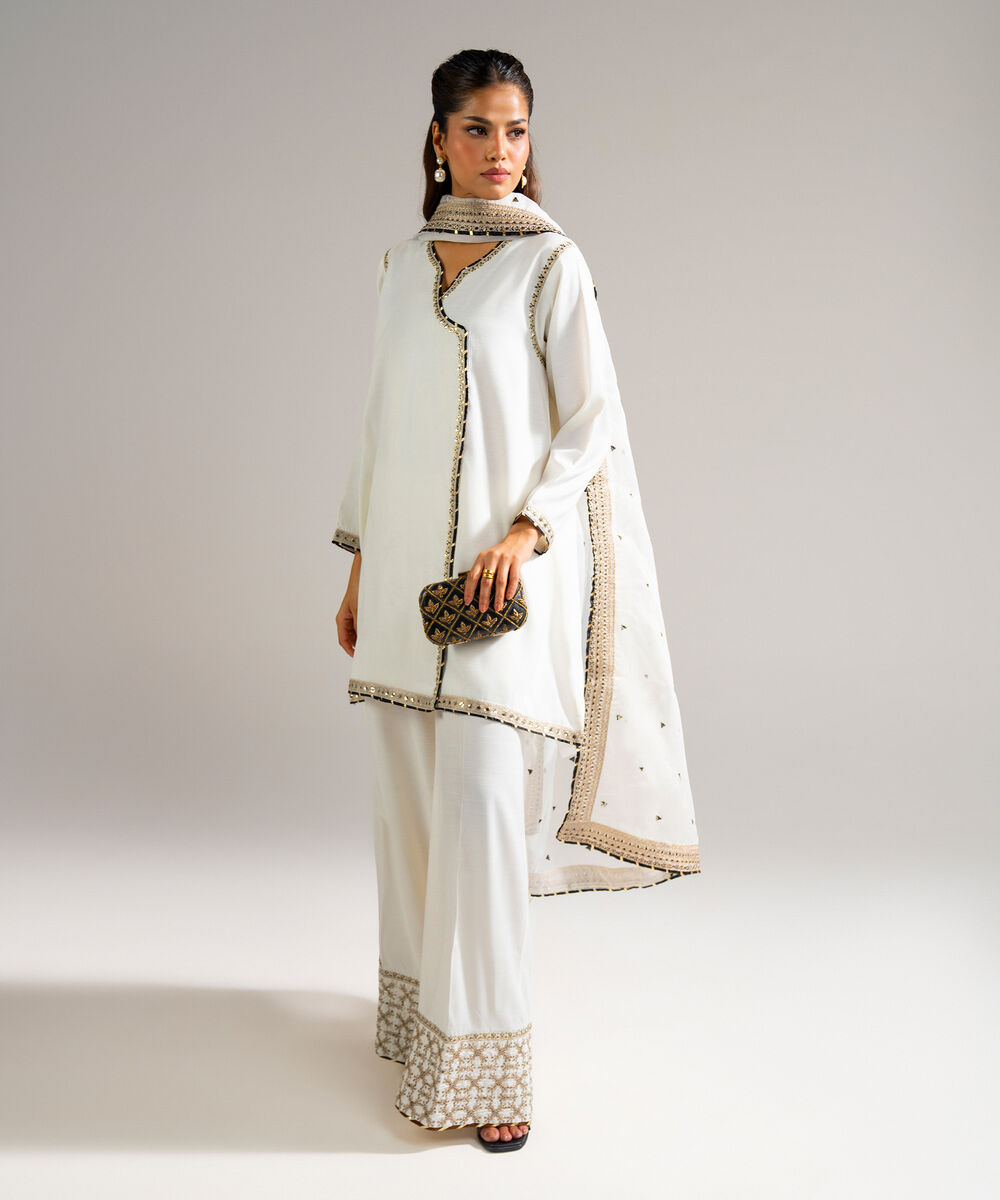 Women's RTW Raw Silk Embroidered White 3 Piece Suit