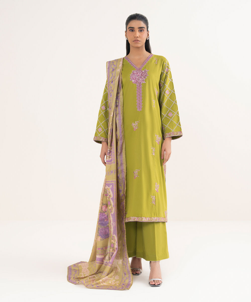 Women's RTW Cotton Viscose Embroidered Green A-Line Shirt