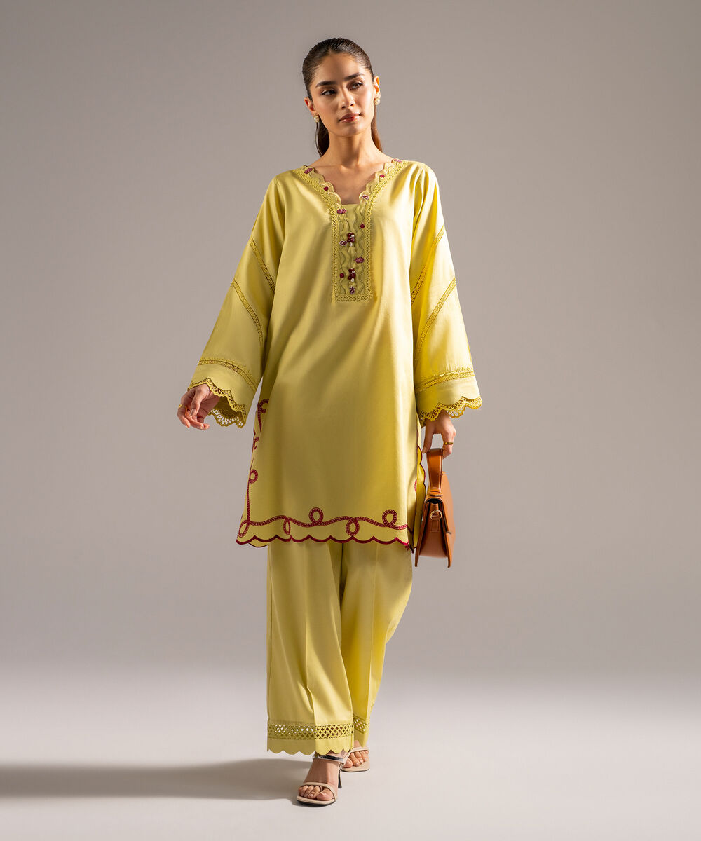Women's RTW Cotton Satin Embroidered Lime Yellow 2 Piece Suit