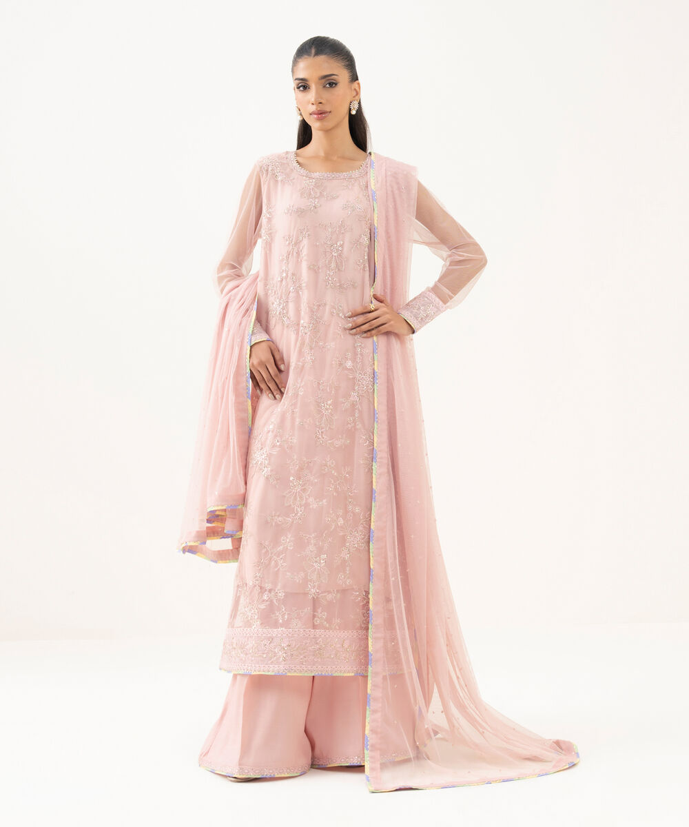 Women's RTW Blended Net Embroidered Pink Three Piece Suit
