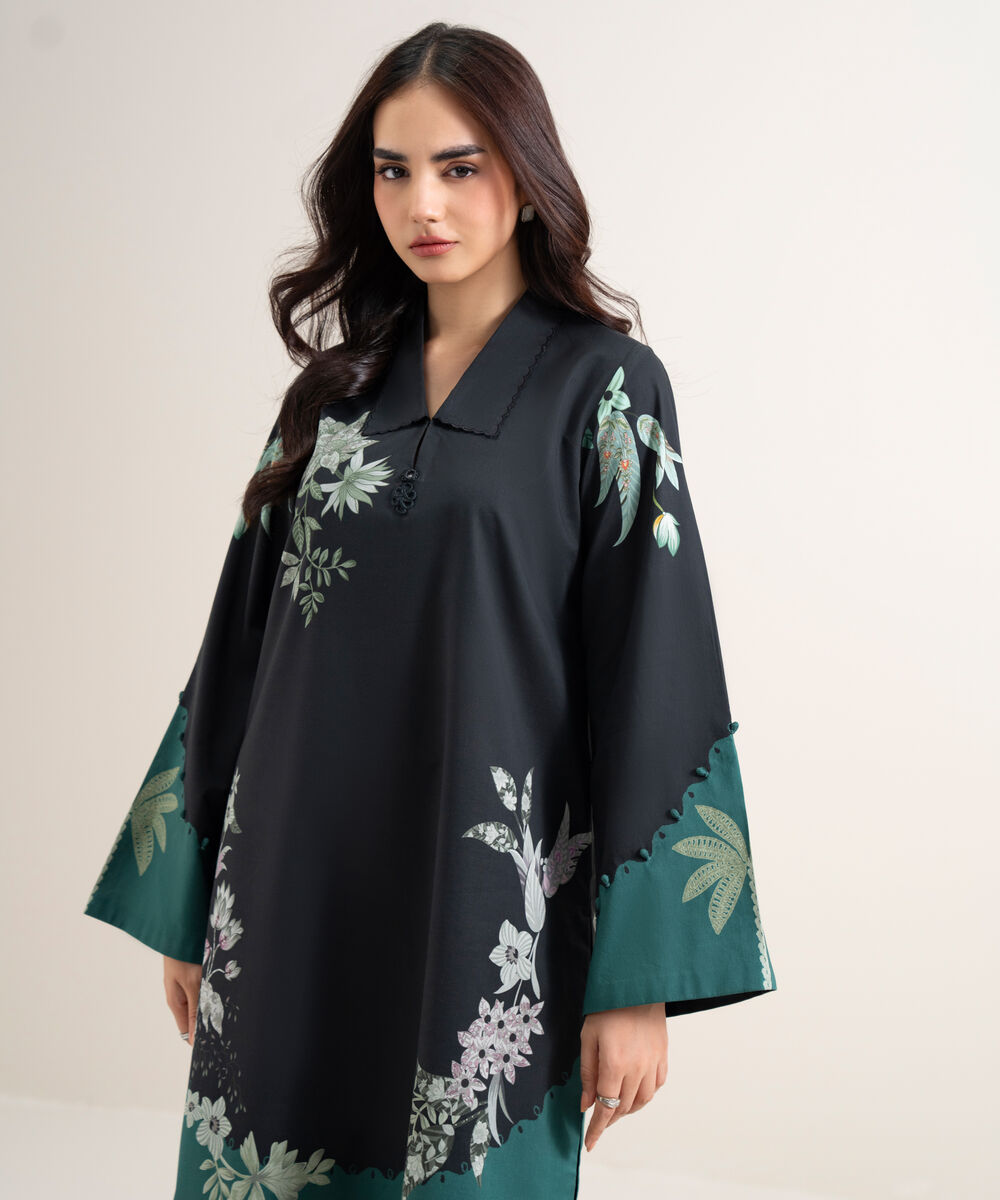 Women's Unstitched Lawn Printed Black & Green  2 Piece Suit