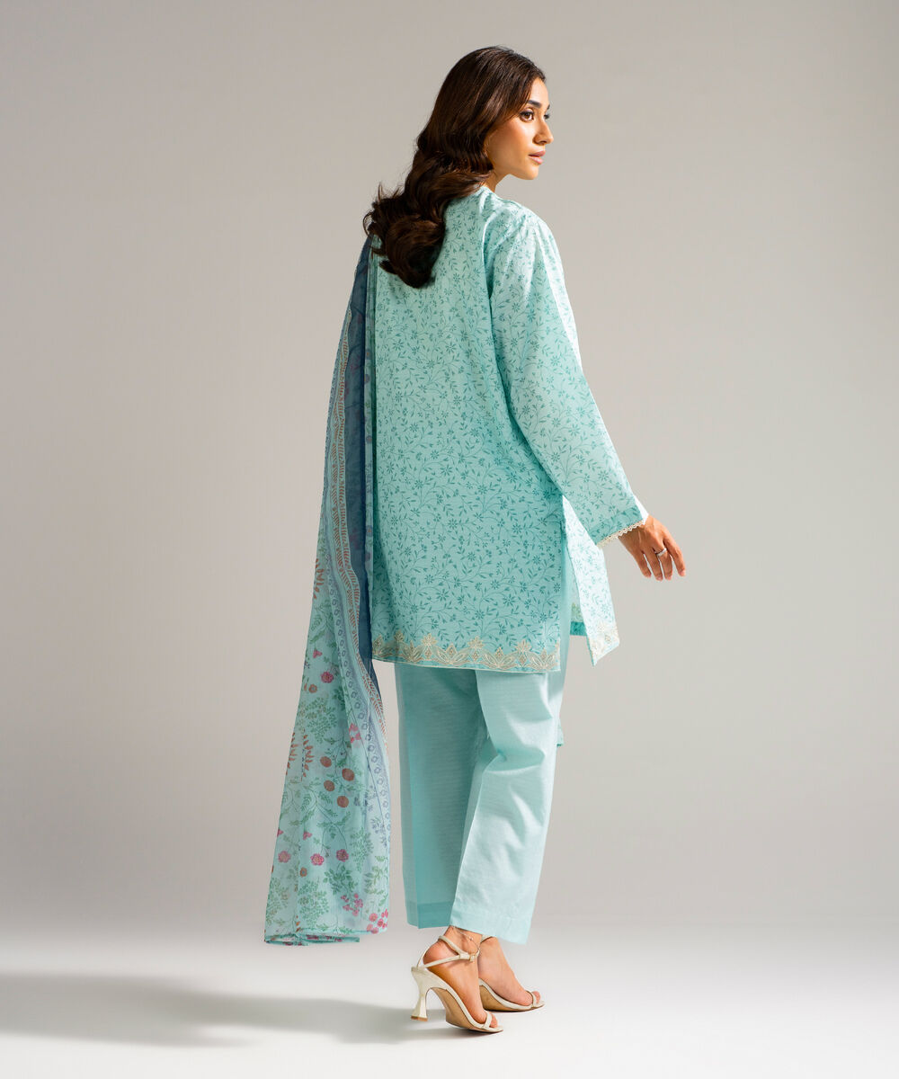 Women's RTW Self Jacquard Embroidered Blue 3 Piece Suit