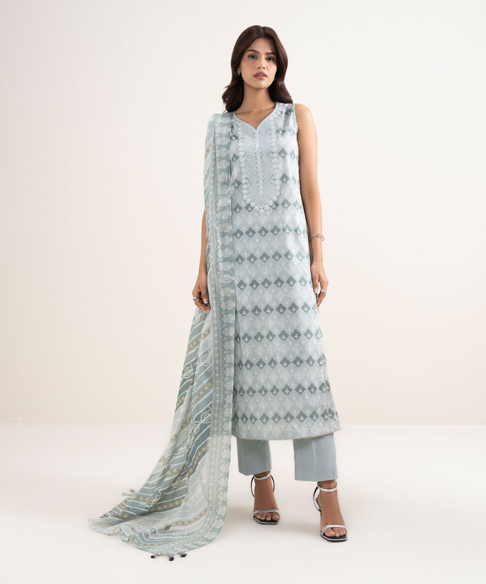 Women's Unstitched Lawn Grey Embroidered 3 Piece Suit