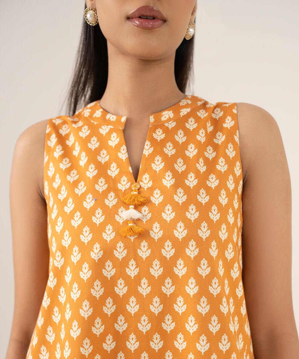 Women's Unstitched Cotton Printed Orange Three Piece Suit