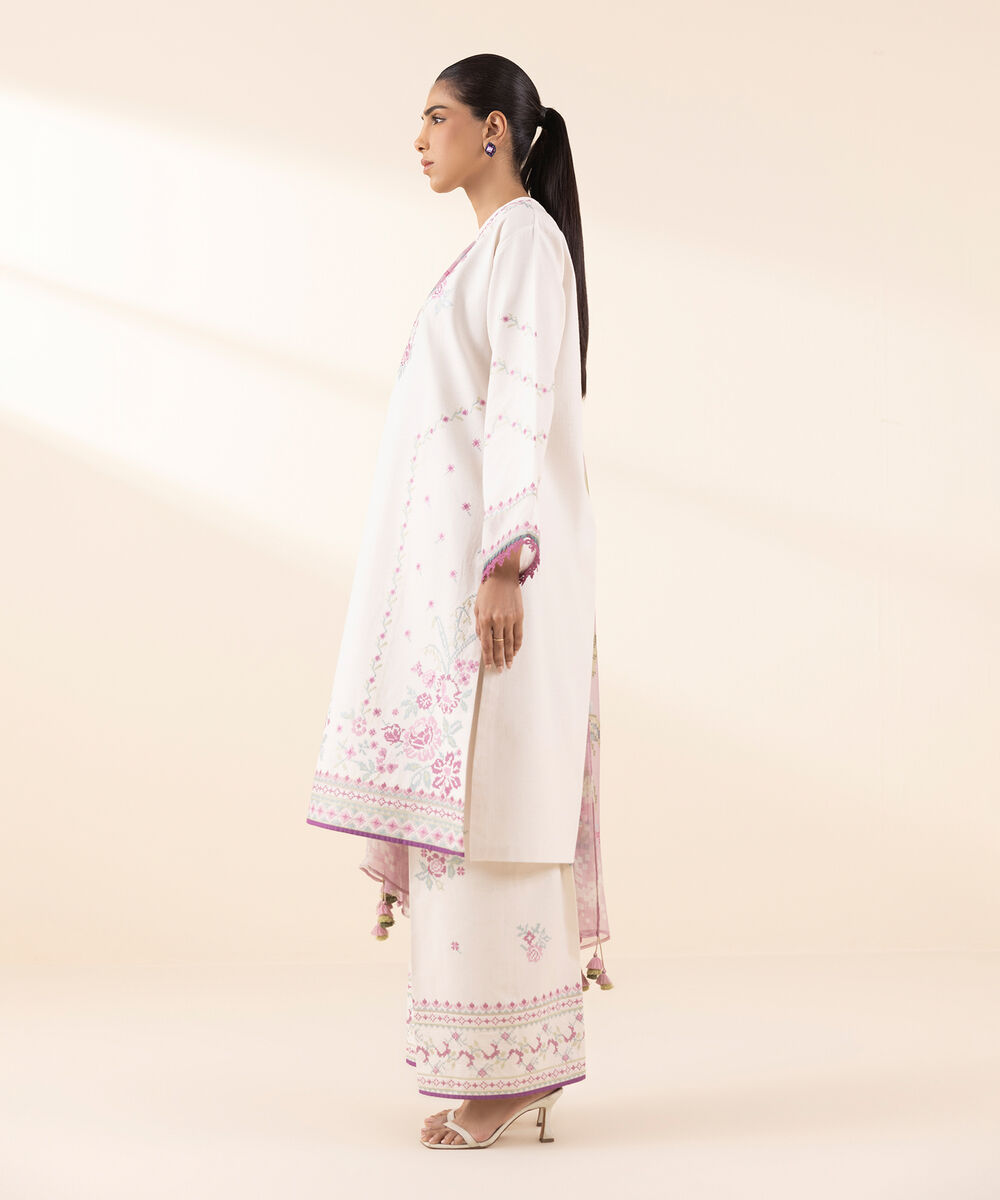 Women's Unstitched Dobby Embroidered Off White 3 Piece Suit