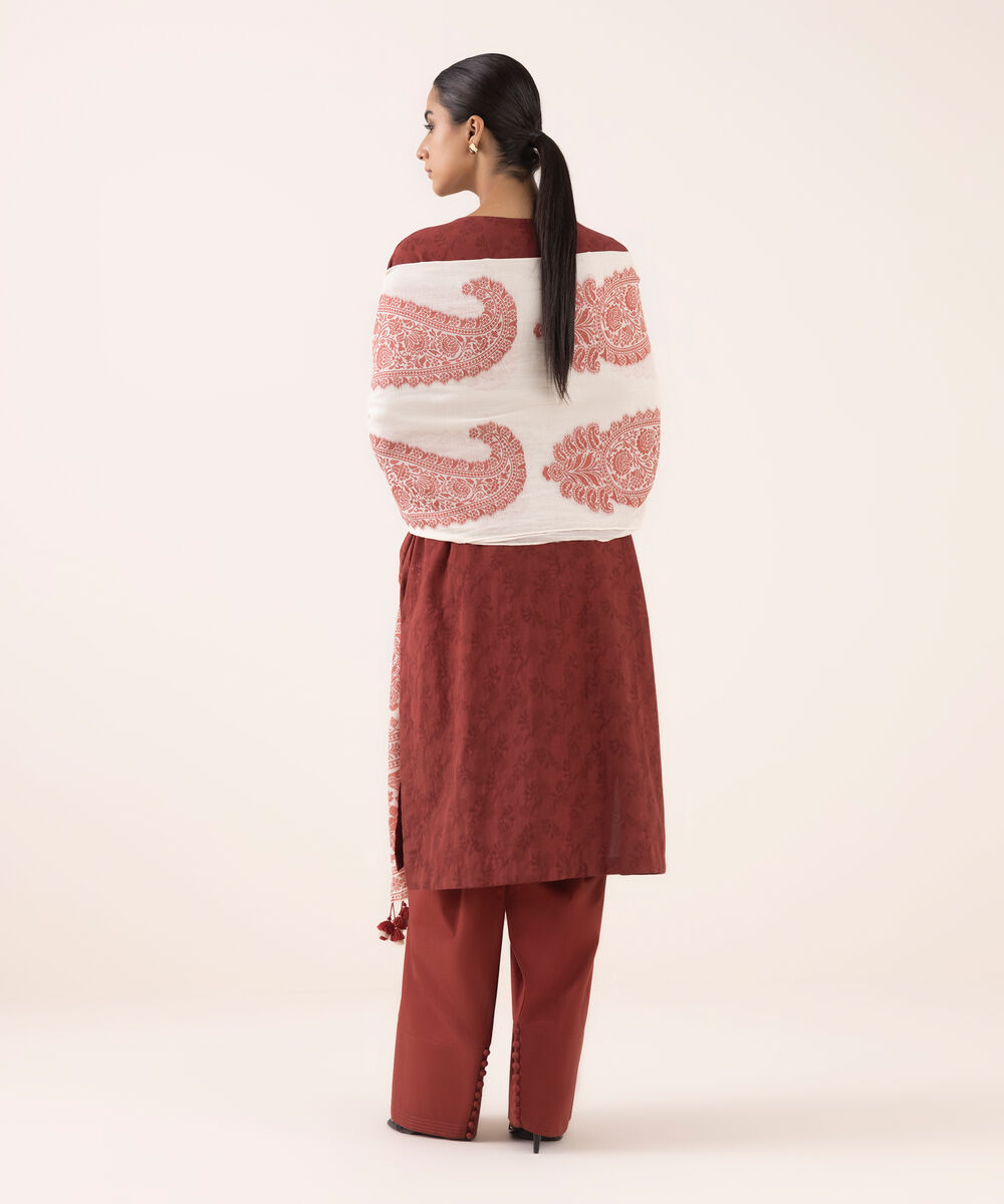 Women's Unstitched Jacquard Embroidered Maroon Three Piece Suit