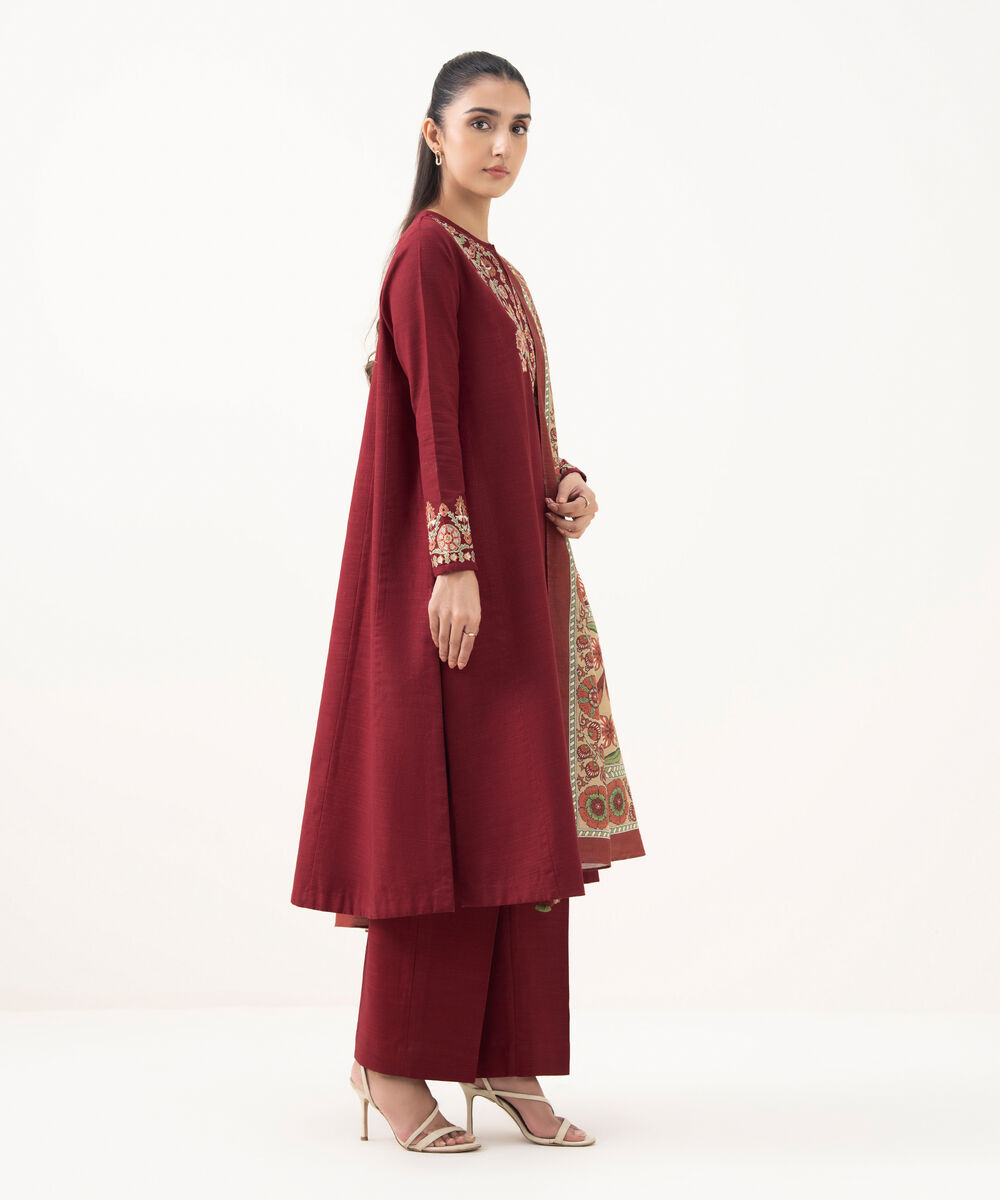 Women's Unstitched Khaddar Embroidered Red 3 Piece Suit