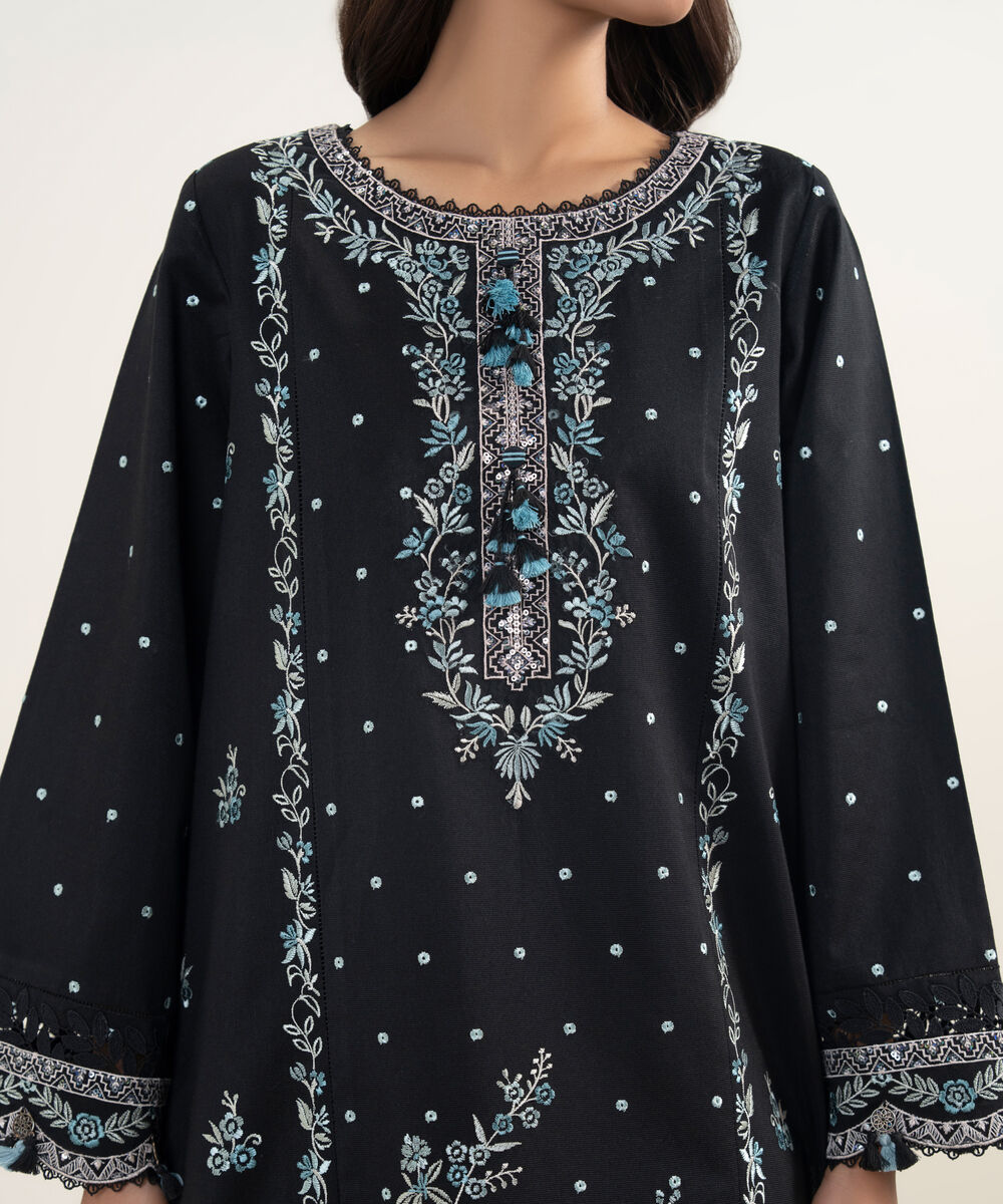 Women's Unstitched Cotton Net Embroidered Black 3 Piece Suit