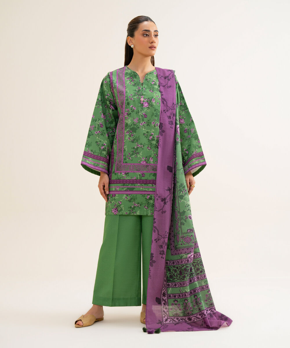 Women's Unstitched Premium Khaddar Printed Green 3 Piece Suit