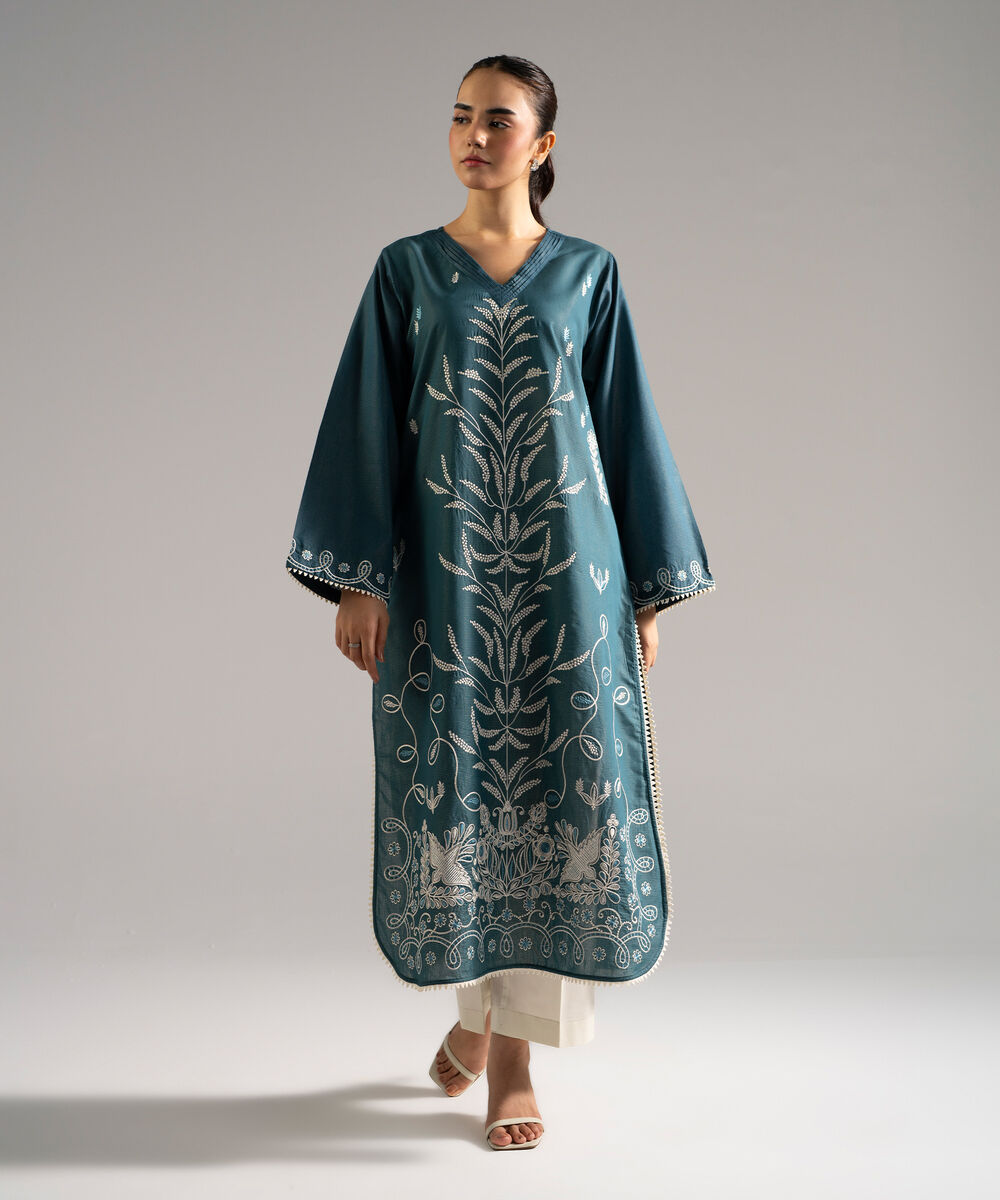 Women's RTW Zari Lawn Embroidered Green Straight Shirt