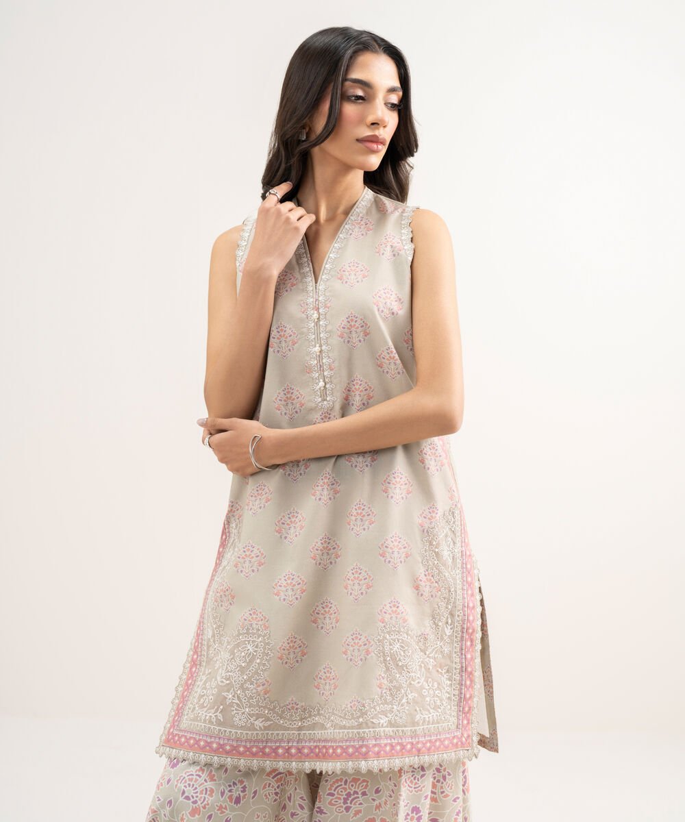 Women's Unstitched Lawn Embroidered Beige 2 Piece Suit