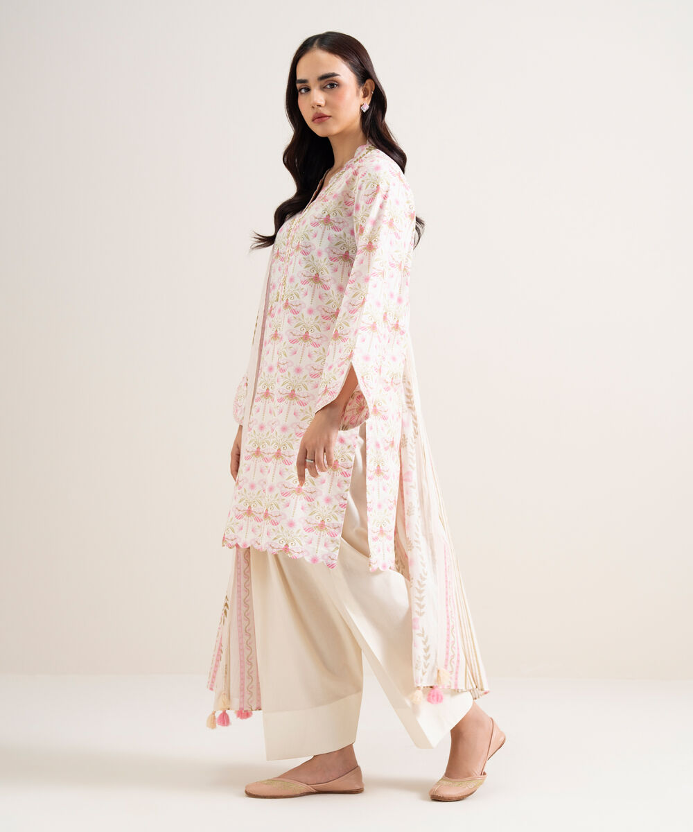 Women's Unstitched Lawn Printed Off White & Pink 3 Piece Suit
