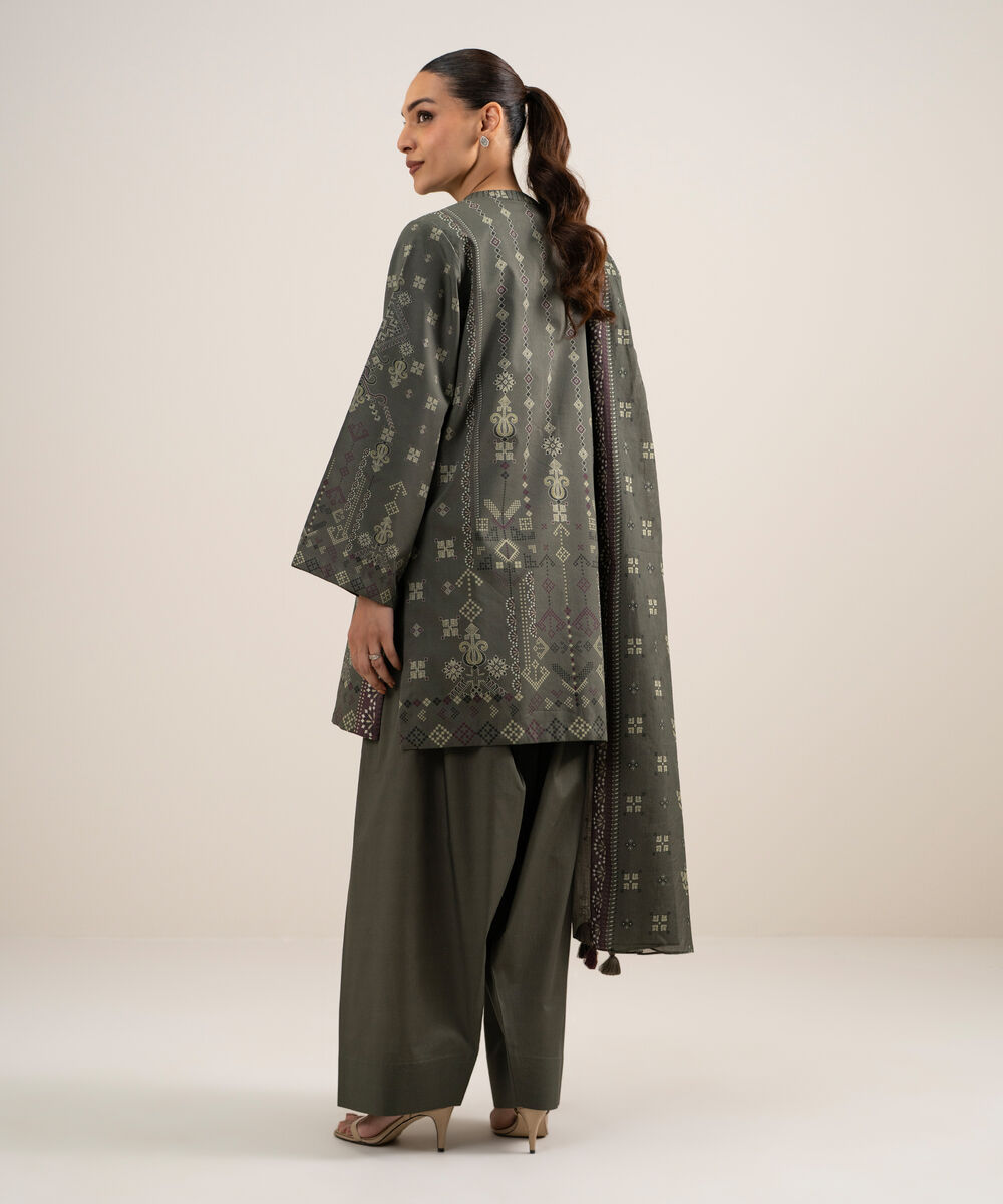 Women's Unstitched Lawn Printed Olive Green 3 Piece Suit