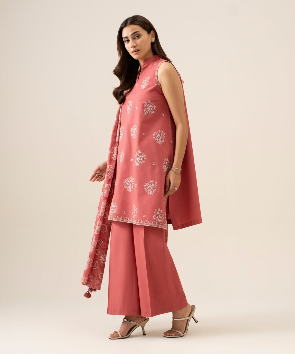 Women's Unstitched Basic Khaddar Embroidered Peach 3 Piece Suit
