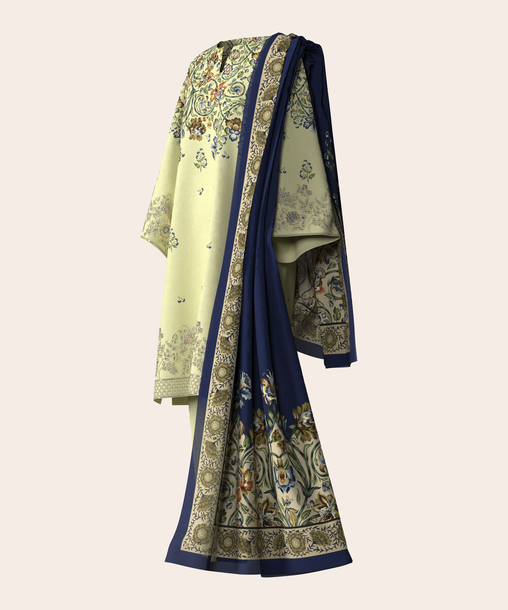 Women's Unstitched Lawn Butter Yellow  Embroidered 3 Piece Suit