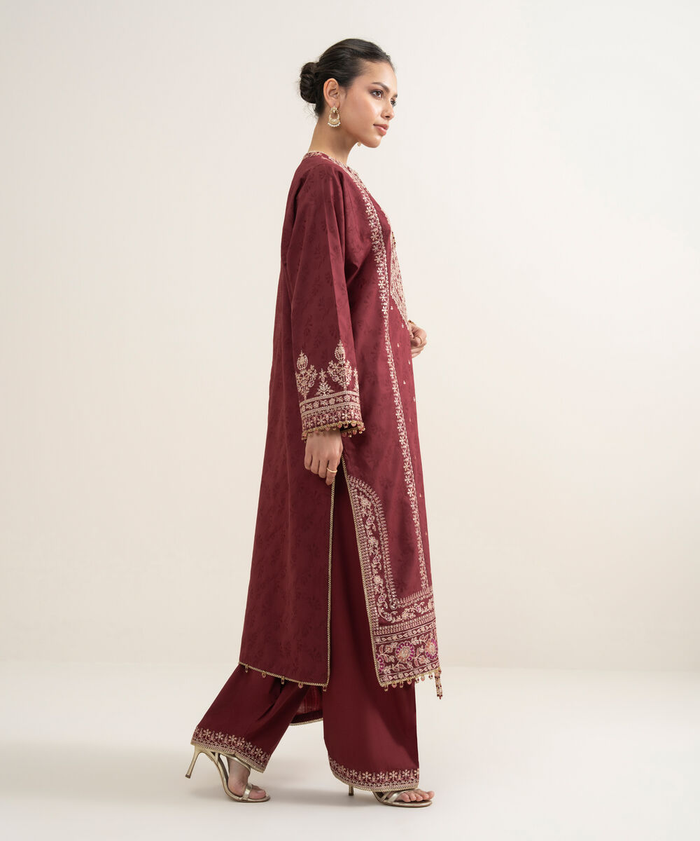 Women's Unstitched Cotton Jacquard Embroidered Red 3 Piece Suit