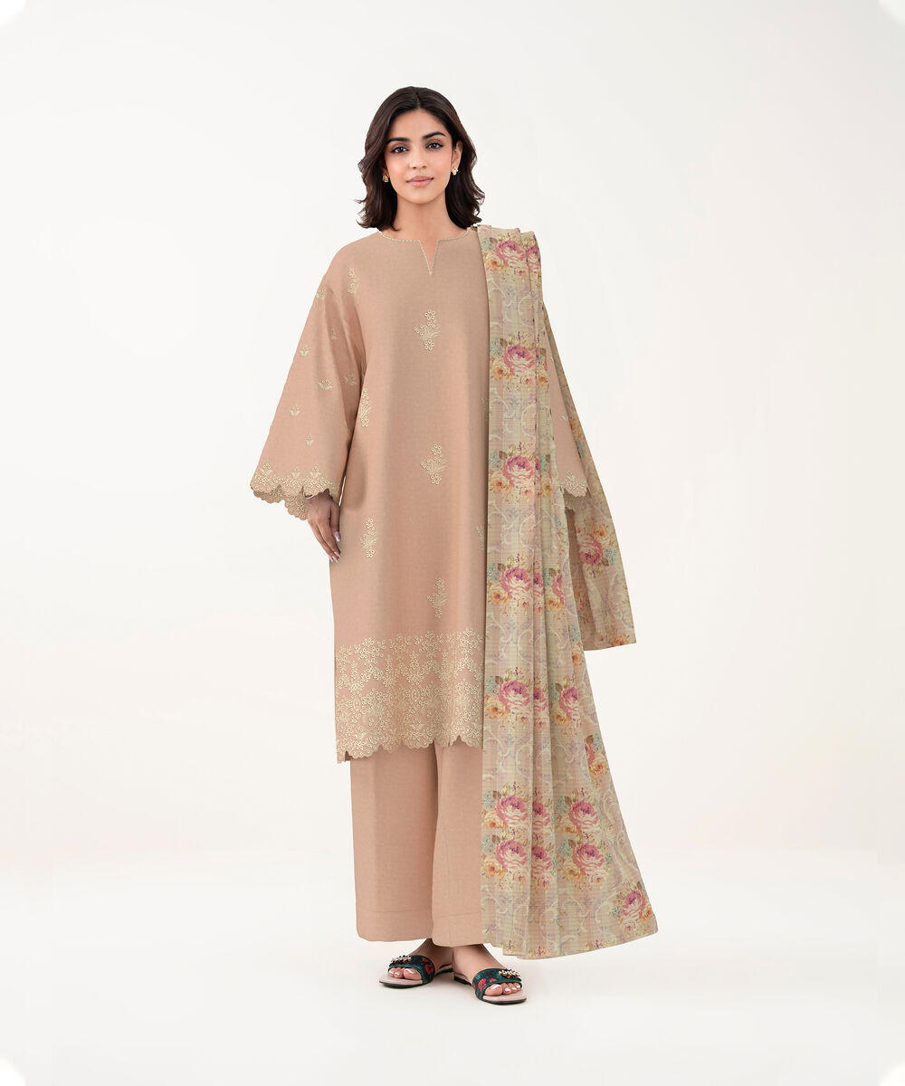 Women's Unstitched Self Jacquard Blush Pink Embroidered 3 Piece Suit