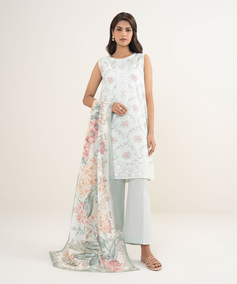 Women's Unstitched Lawn Embroidered Aqua  2 Piece Suit