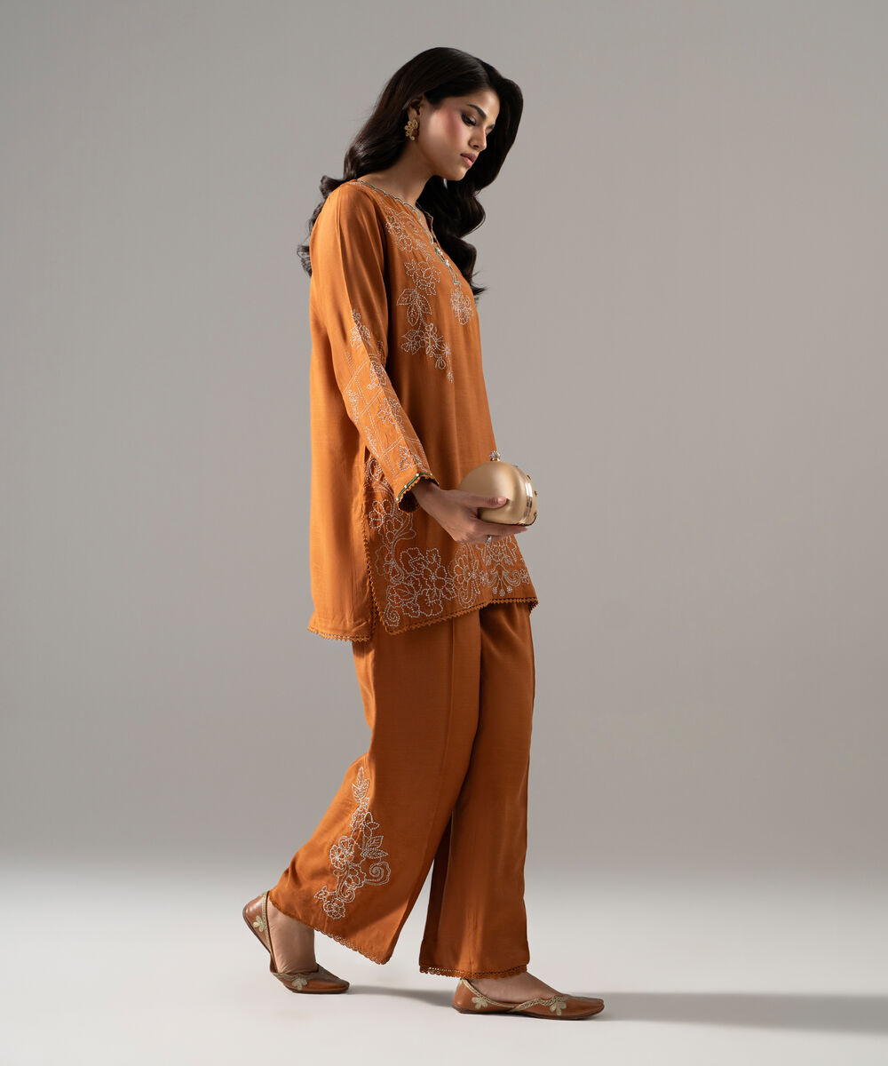 Women's RTW Viscose Raw Silk Solid Embroidered Brown 2 Piece Suit