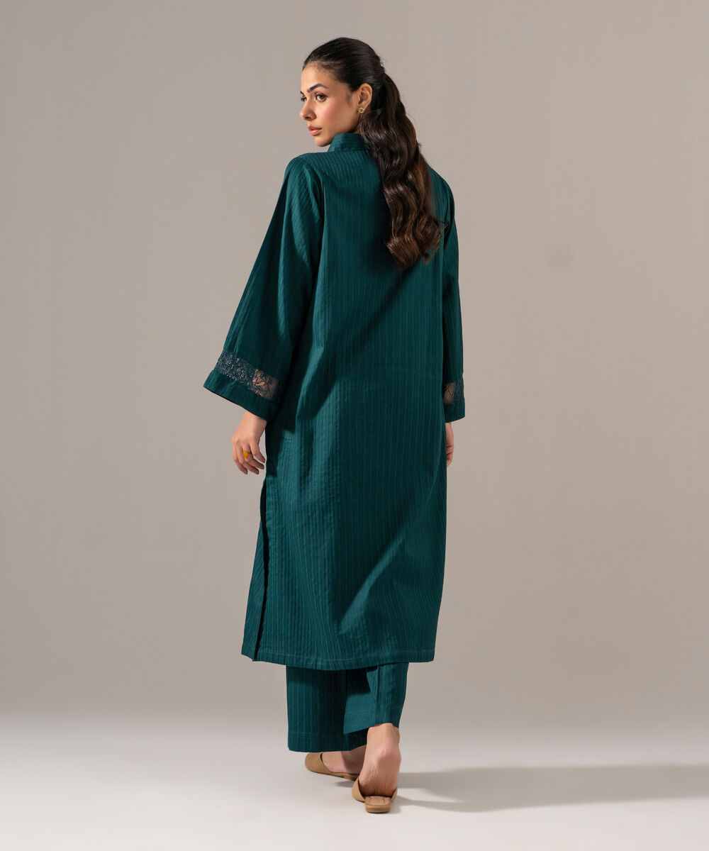Women's RTW Dobby Strip Solid Teal 2 Piece Suit