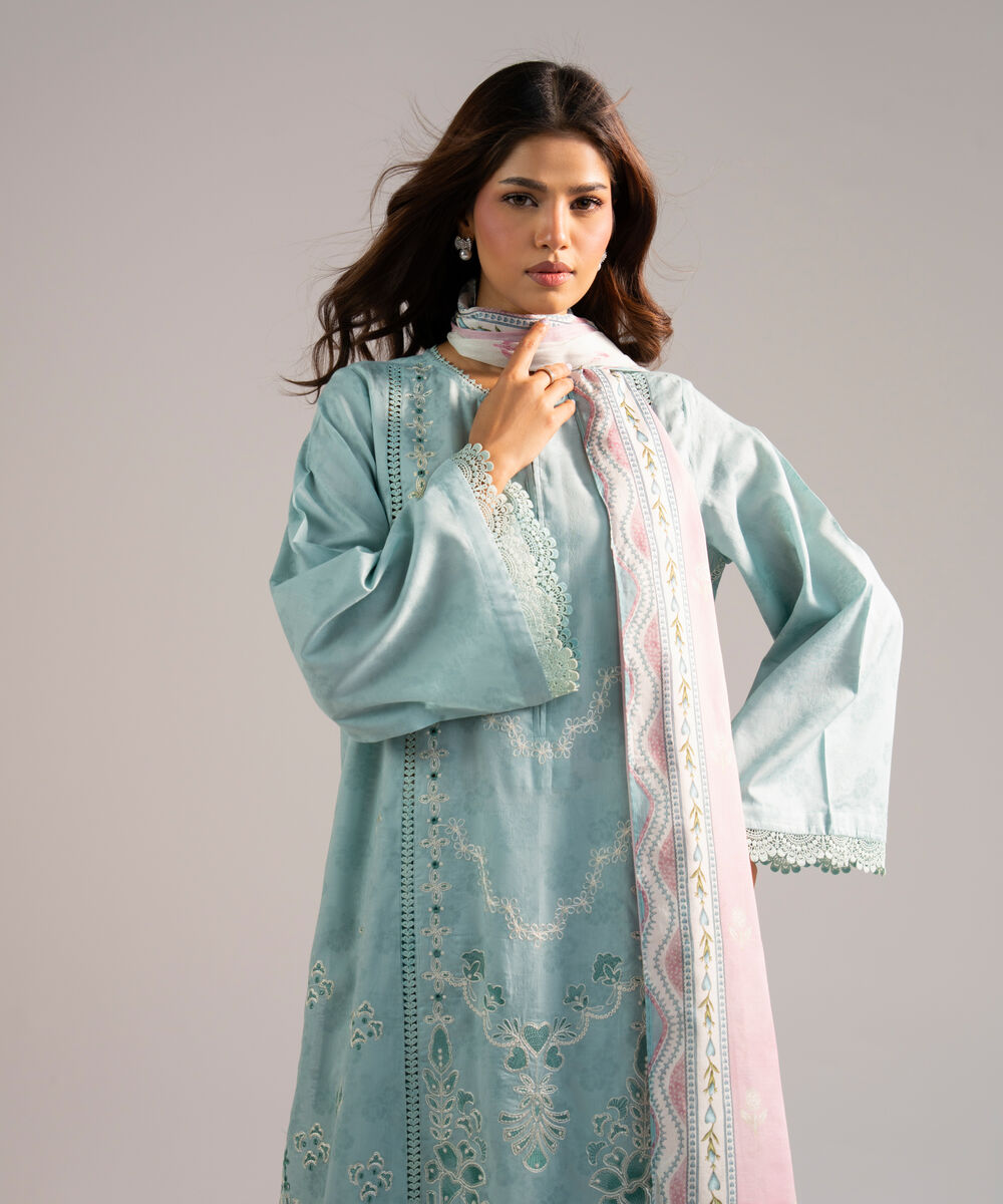 Women's RTW Self Jacquard Embroidered Blue 3 Piece Suit