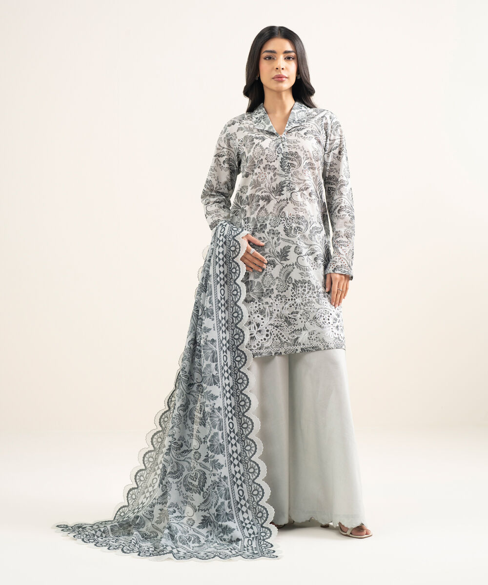 Women's Unstitched Lawn Embroidered Light Gray 3 Piece Suit