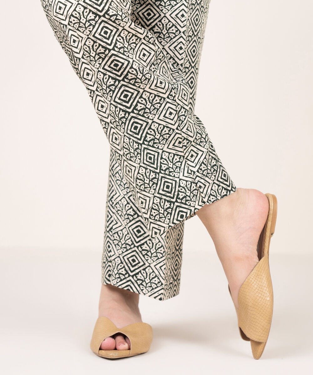 Women's RTW Arabic Khaddar Printed White Straight Pants