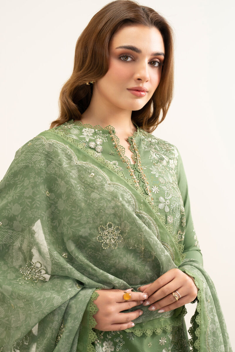 3 Piece - Embroidered Cotton Satin Suit