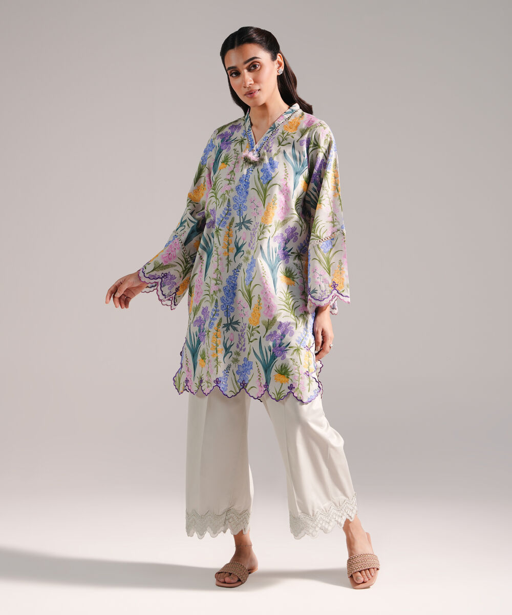 Women's RTW Slub Lawn Embroidered Grey 2 Piece Suit