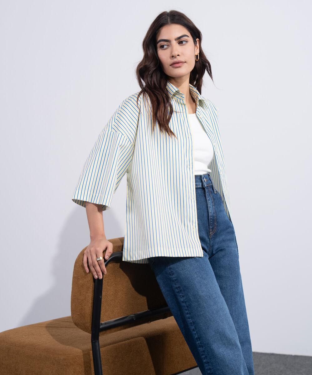 Women's Western Yellow And Blue Boxy Stripe Printed Shirt