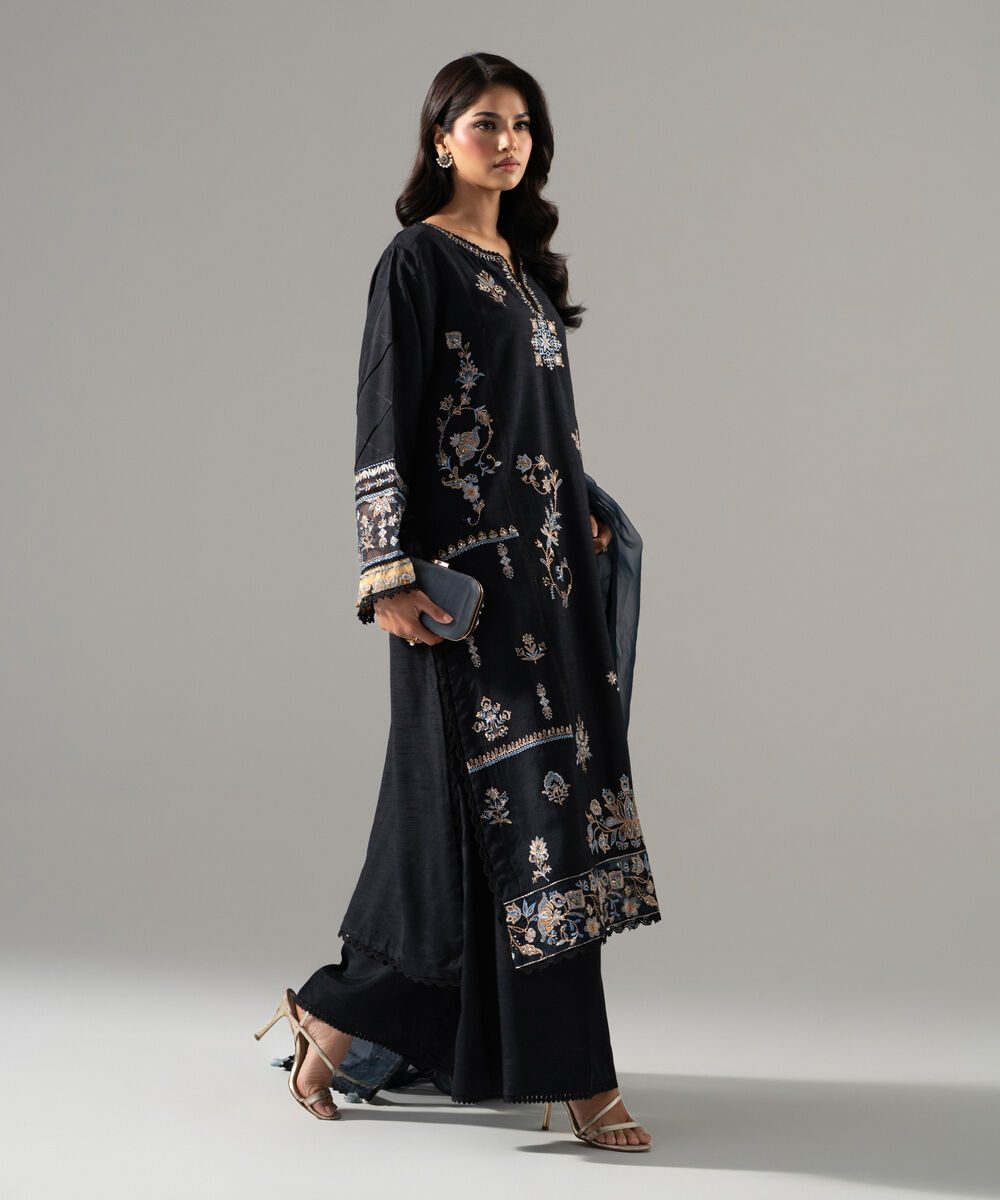 Women's RTW Raw Silk Solid Embroidered Black 3 Piece Suit
