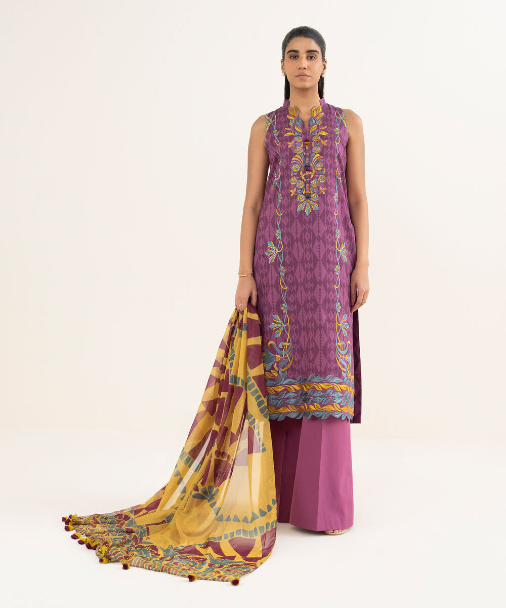 Women's Unstitched Lawn Embroidered Purple 3 Piece Suit