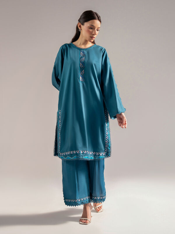 2 Piece - Embroidered Cotton Satin Suit