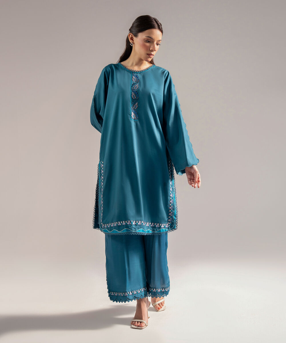 Women's RTW Cotton Satin Embroidered Teal 2 Piece Suit