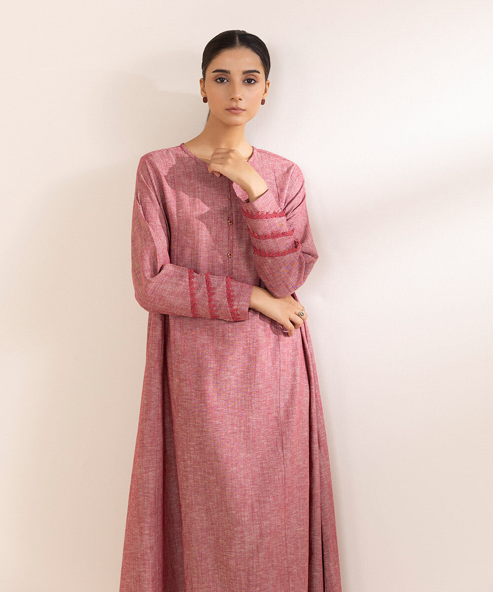 Women's Pret Cotton Linen Pink Solid A-Line Shirt