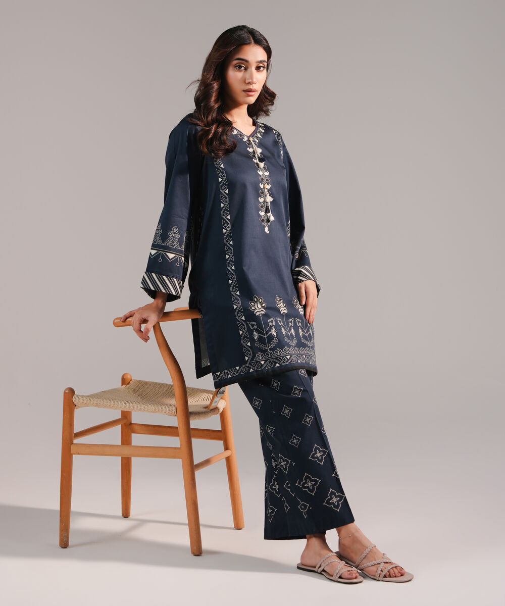 Women's RTW Cotton Satin Printed Dark Blue Straight Shirt