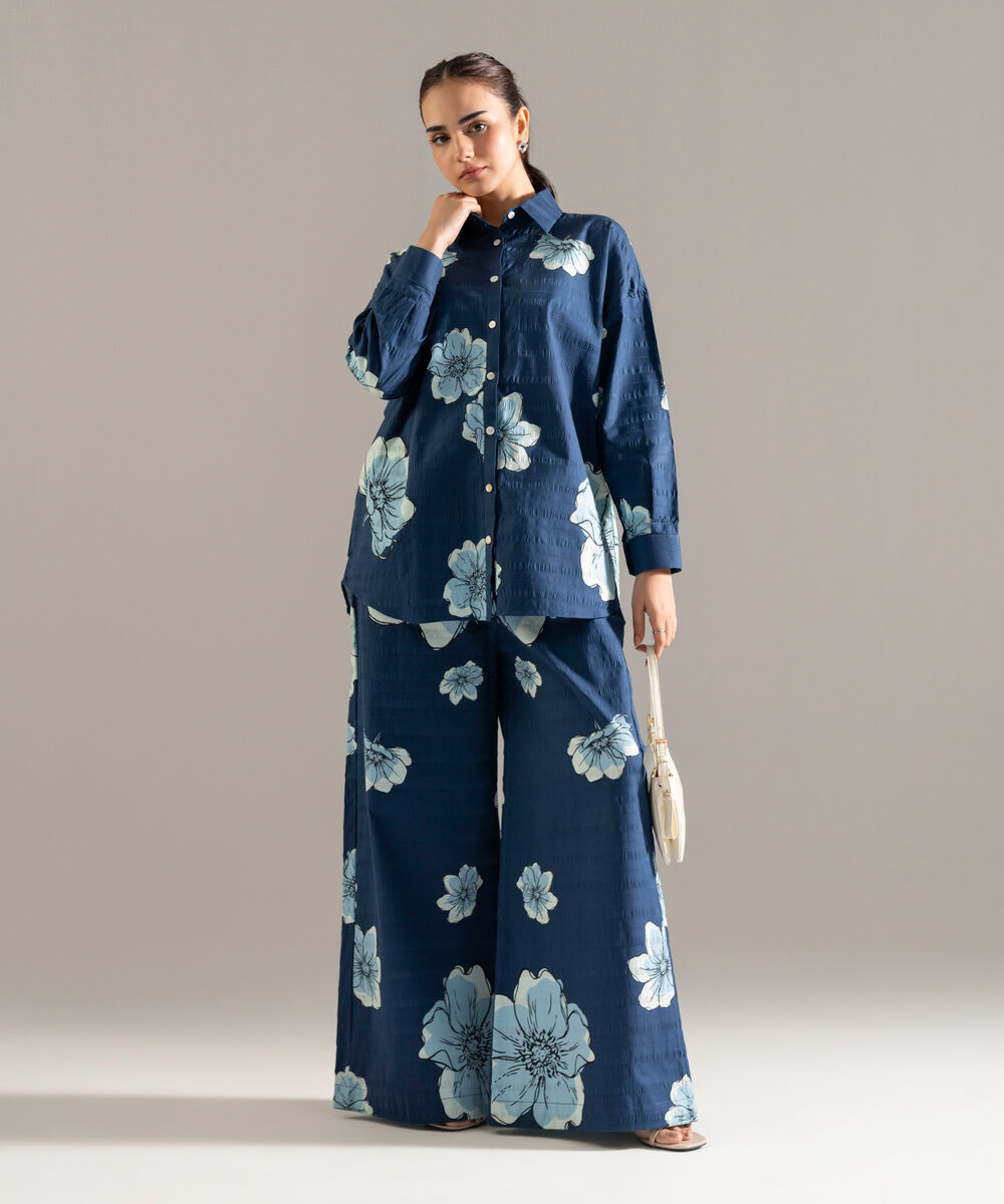 Women's RTW Seersucker Printed Blue 2 Piece Suit
