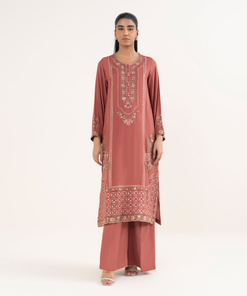 Women's RTW Viscose Raw Silk Pink Embroidered A-Line Shirt