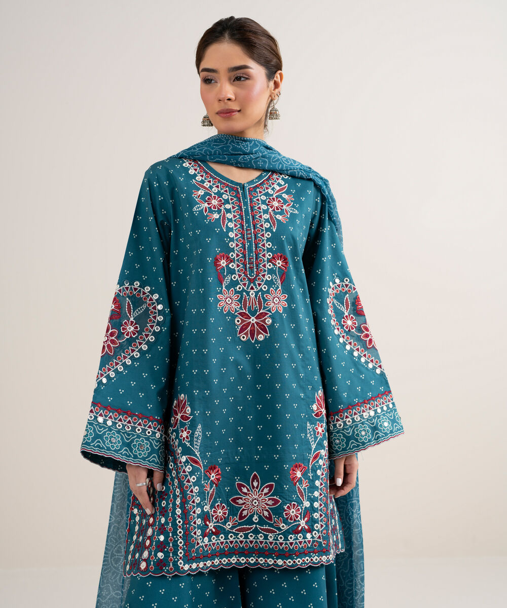 Women's Unstitched Lawn Embroidered Blue 3 Piece Suit