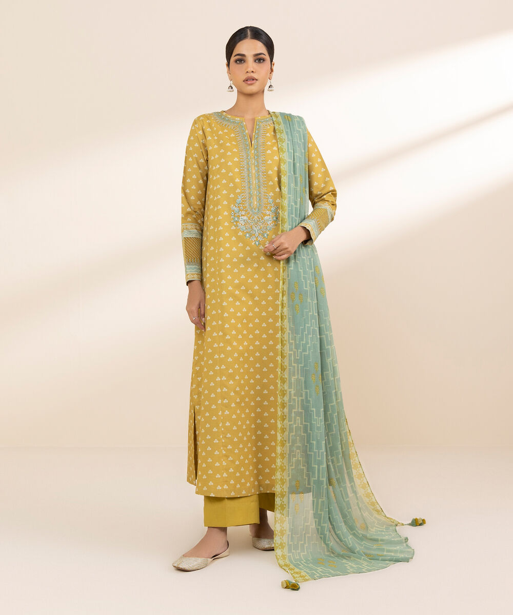 Women's Unstitched Lawn Embroidered Yellow 3 Piece Suit