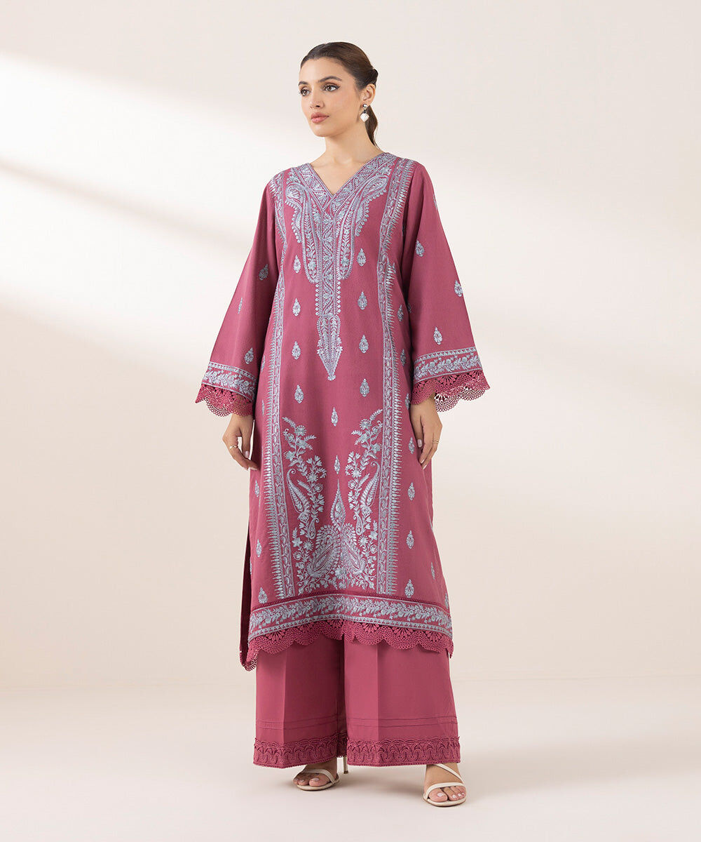 Woman - Pink Embroidered Cotton Karandi Shirt