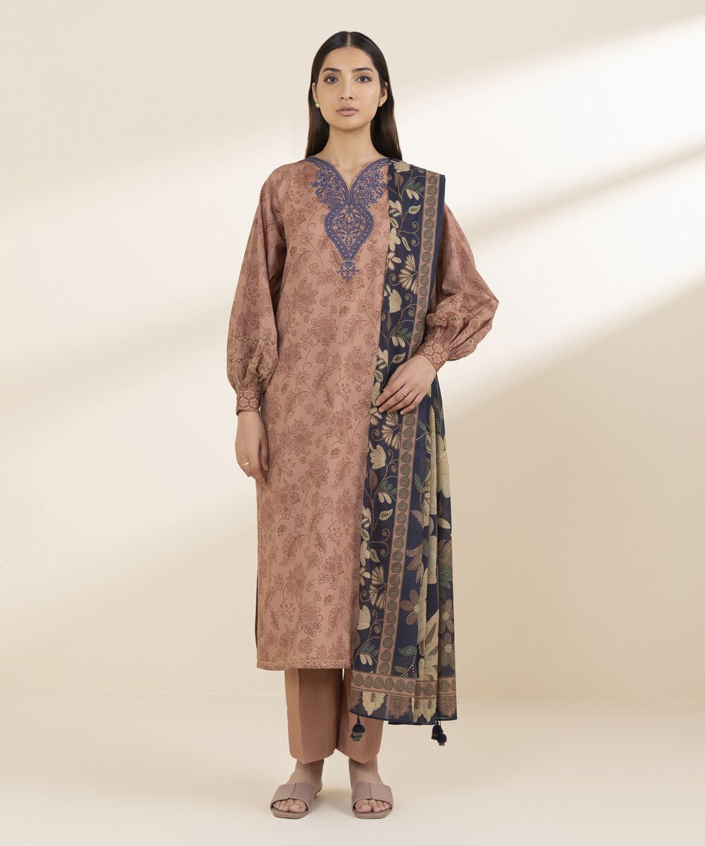 Unstitched Women's Beige Lawn Shirt Dupatta