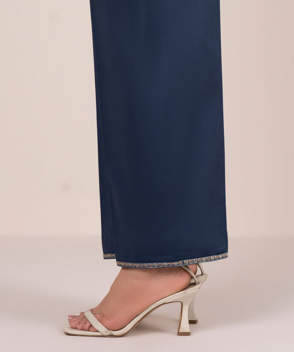 Women's RTW Cambric Solid Blue Straight Pants