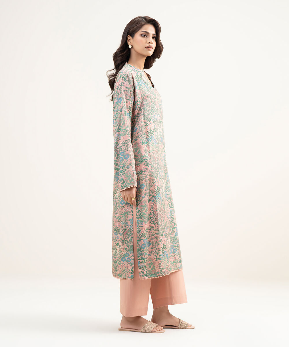 Women's RTW Arabic Lawn Printed Peach Drop Shoulder Shirt